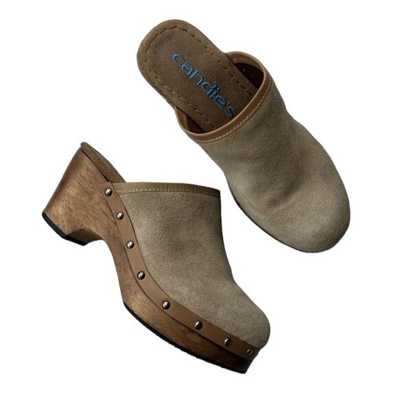 Vintage Y2K Candie’s Suede Leather Wood Clogs Mule Beige Platform Hippie Boho 6 - Picture 8 of 8
